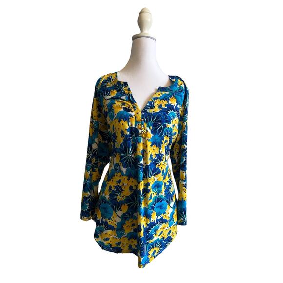 Ava & Grace Blouse Blue Yellow Floral Stretch Knit 3/4 Sleeve Popover Top 1X XL - Picture 7 of 11
